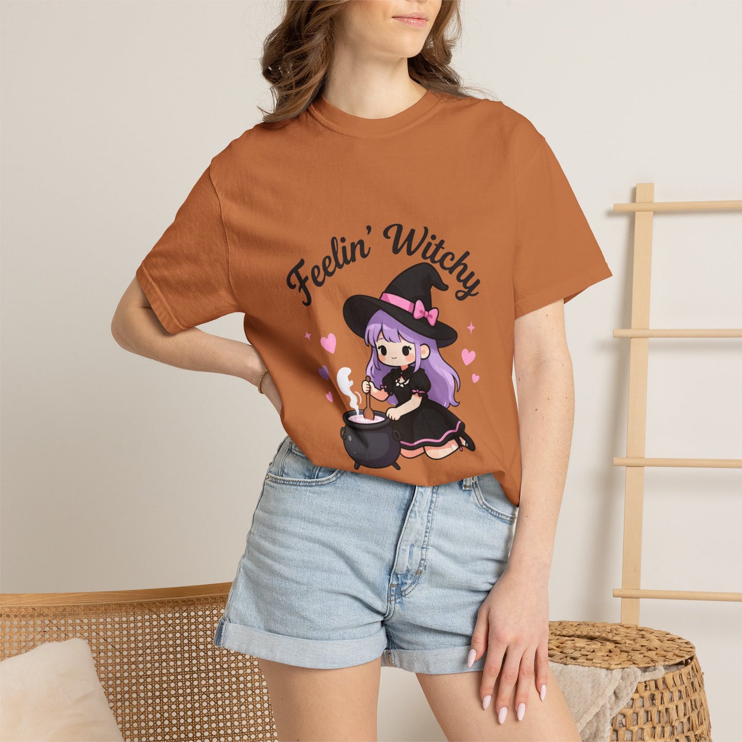 Feelin' Witchy T-Shirt — Cute Purple Witch Graphic Tee for Halloween