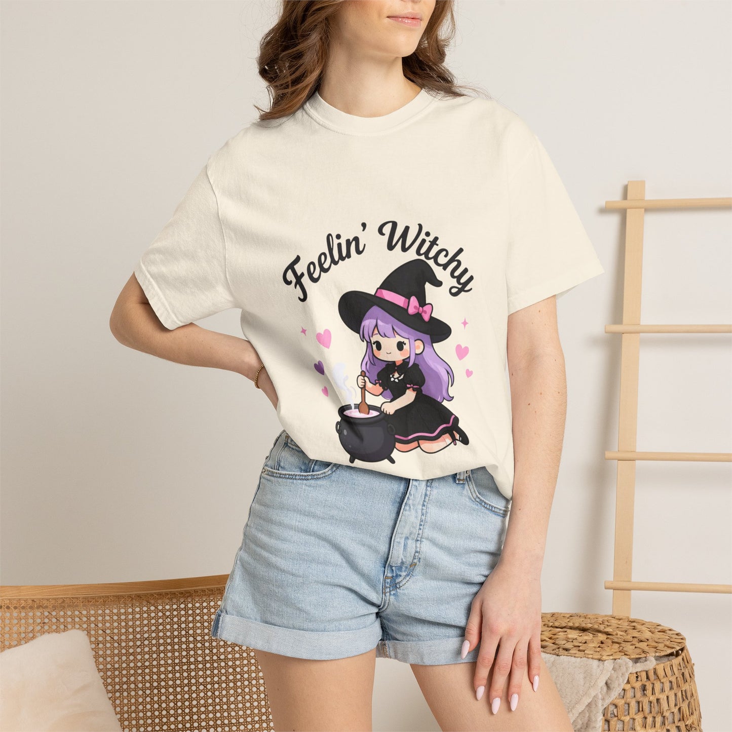 Feelin' Witchy T-Shirt — Cute Purple Witch Graphic Tee for Halloween