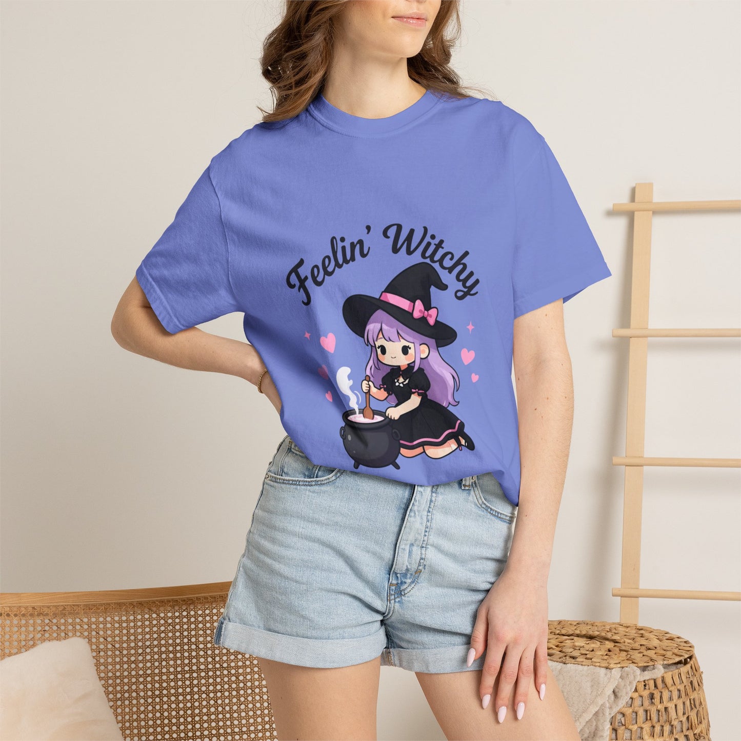 Feelin' Witchy T-Shirt — Cute Purple Witch Graphic Tee for Halloween