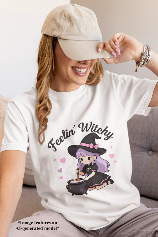 Feelin' Witchy T-Shirt — Cute Purple Witch Graphic Tee for Halloween