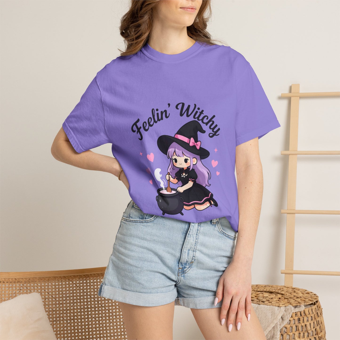 Feelin' Witchy T-Shirt — Cute Purple Witch Graphic Tee for Halloween