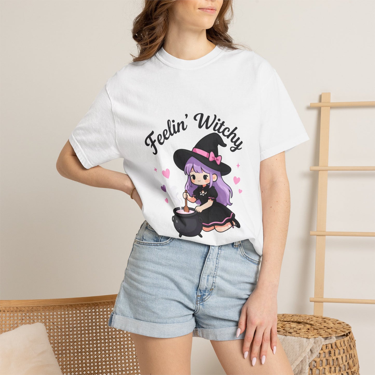 Feelin' Witchy T-Shirt — Cute Purple Witch Graphic Tee for Halloween