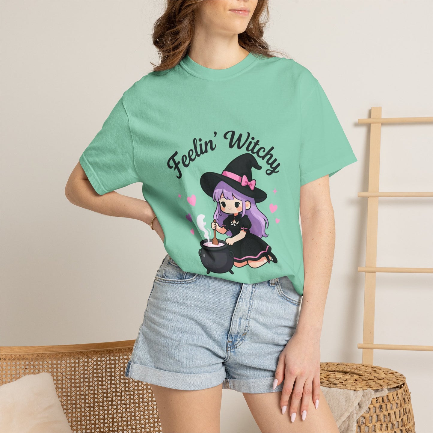 Feelin' Witchy T-Shirt — Cute Purple Witch Graphic Tee for Halloween